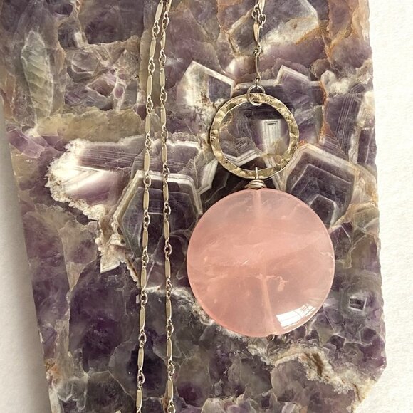 Sterling Silver 925 Round Pink Jadeite Disc Pendant Necklace 18" Paddle Chain - Picture 6 of 16